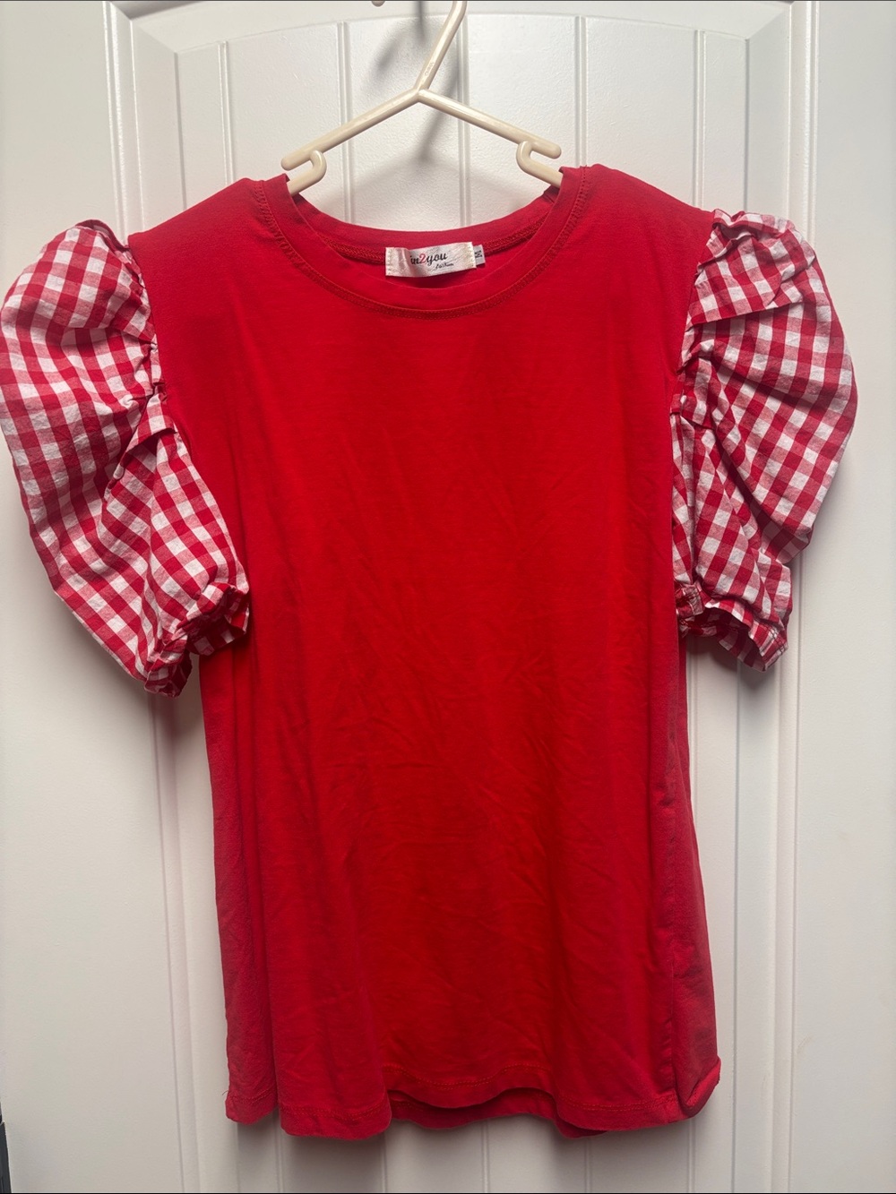 Red Puff-Sleeve Blouse with Gingham Sleeves size M